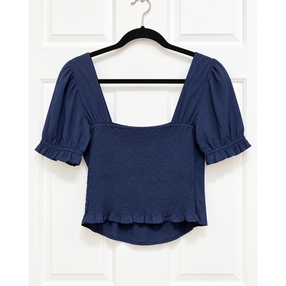 WAYF Navy Blue Puff Sleeve Smocked Crop Top Square Neck Ruffle Hem Size M